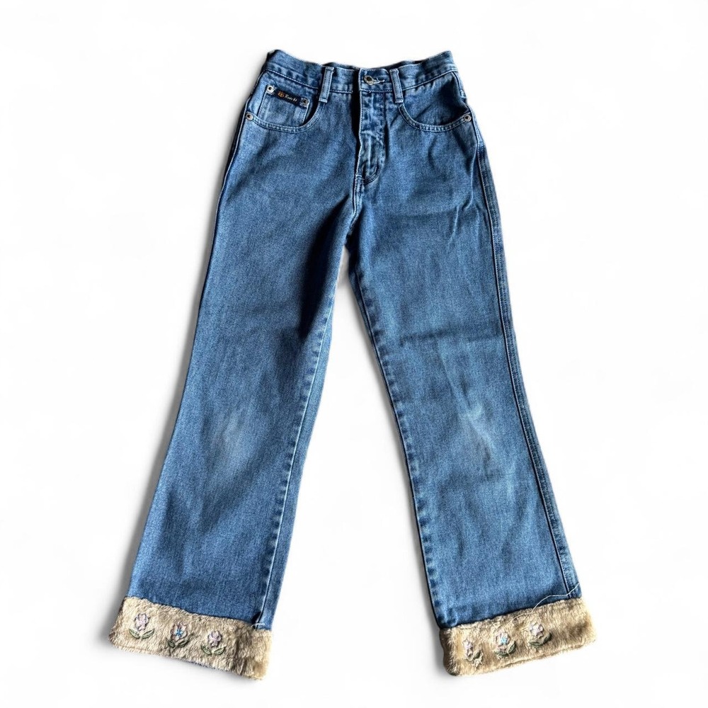 Y2K Girls Route 66 Embroidered Faux Fur Cuff Jeans